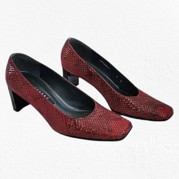 80s Vintage Stuart Weitzman Cherry Red Snakeskin Embossed Leather Heels Size 6 - Picture 1 of 12